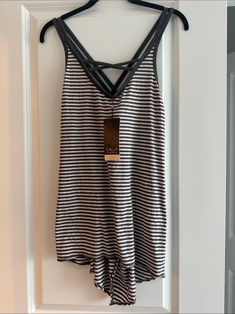 CALIA Gray & Pink Striped Crisscross Tank